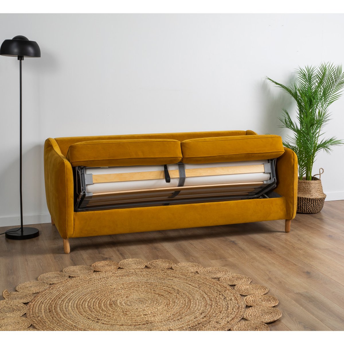 Canapé convertible ouverture express 3 places en velours- VORNAY jaune moutarde, DRAWER
