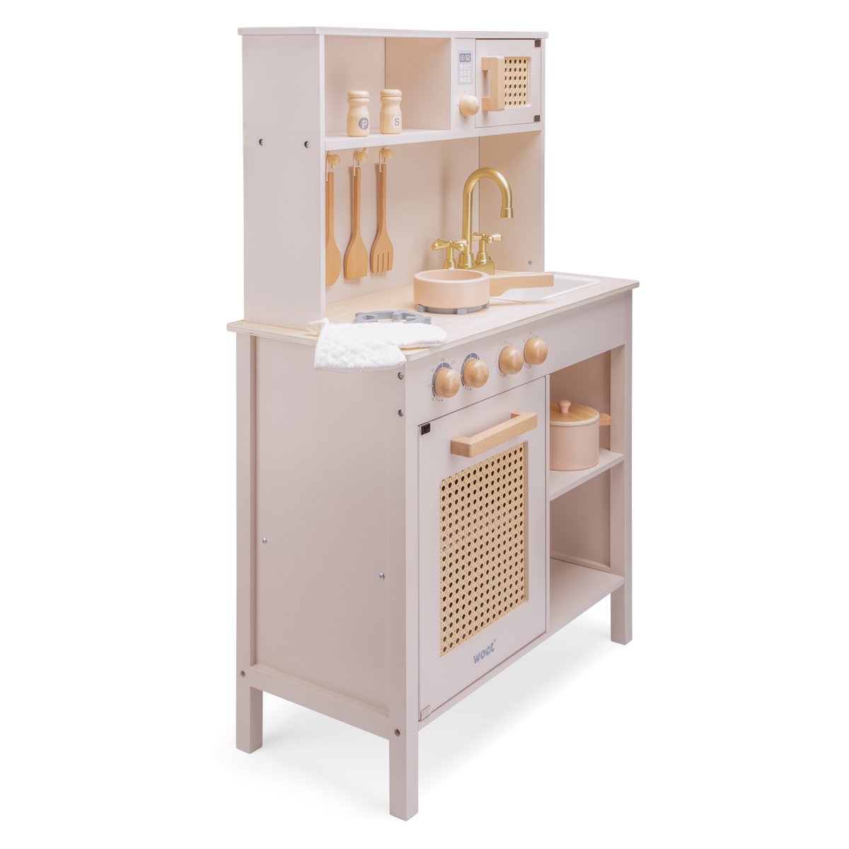 Cuisine en bois et rotin rose, NEW CLASSIC TOYS