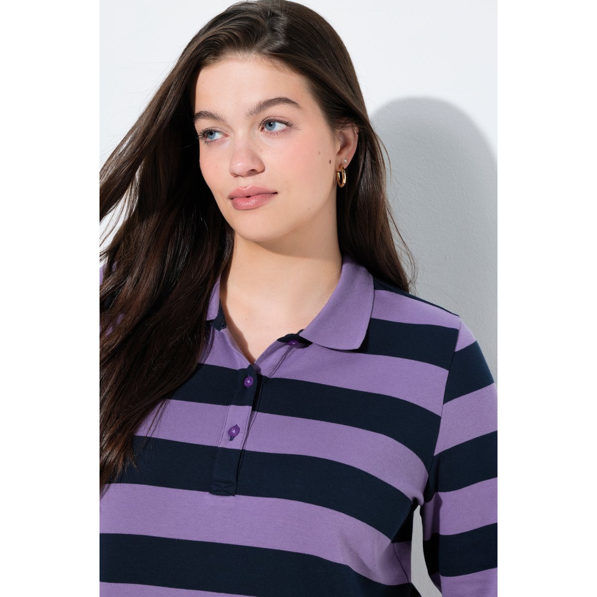 Sweat-shirt polo à rayures, manches 3/4 lilas, ULLA POPKEN