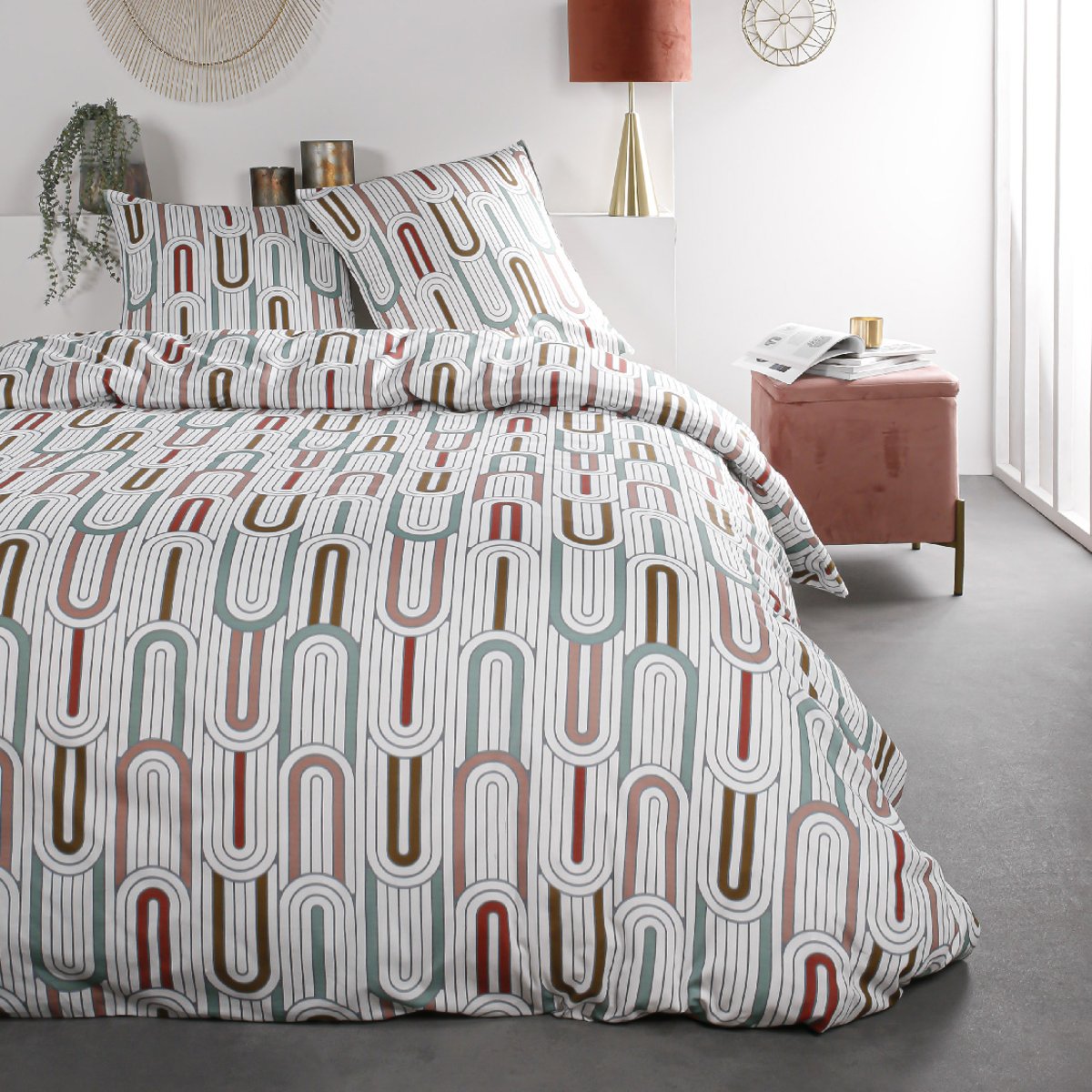 Parure de lit coton 2 personnes imprimé graphique SUNSHINE blanc, TODAY