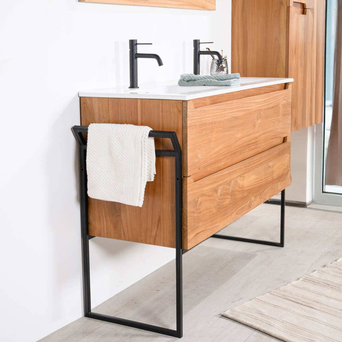 Meuble salle de bain en teck et céramique Vila 120cm blanc, WANDA COLLECTION