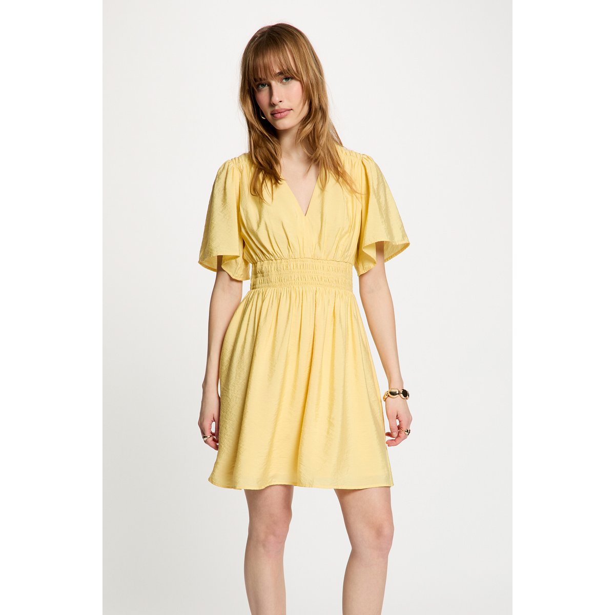 Robe courte plissée jaune clair, MORGAN