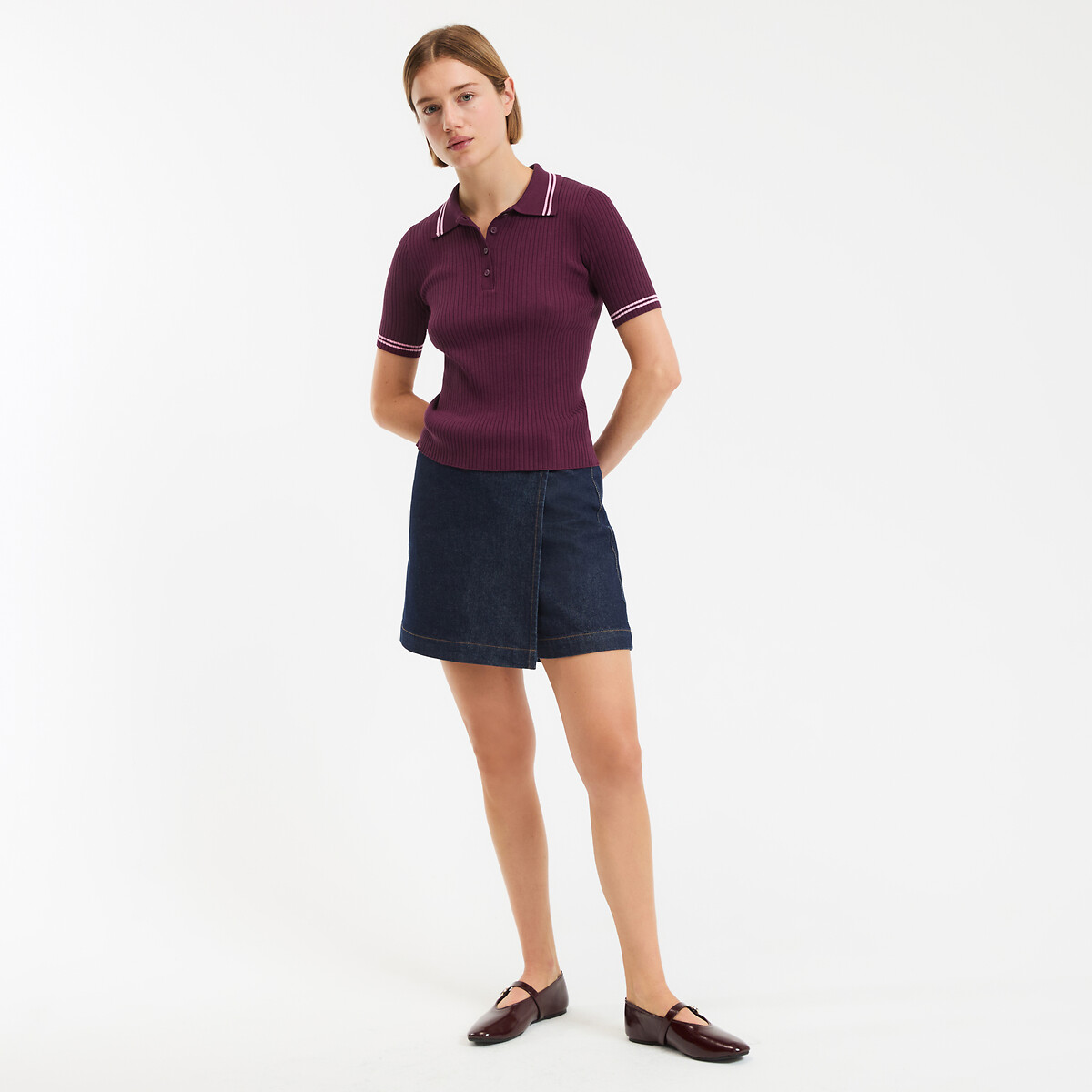 Pull col polo, manches courtes, en fine maille côtelée violet prune, LA REDOUTE COLLECTIONS