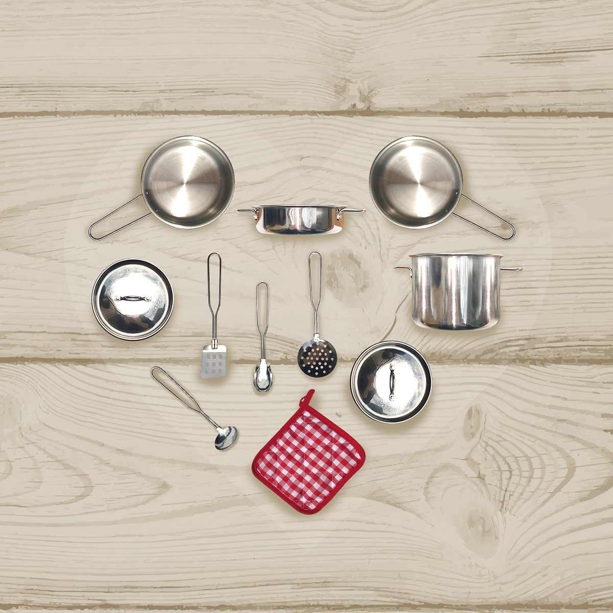 Set de cuisine inox 11 pièces pour jeu d’imitation, LITTLE CHEF gris, TEAMSON KIDS