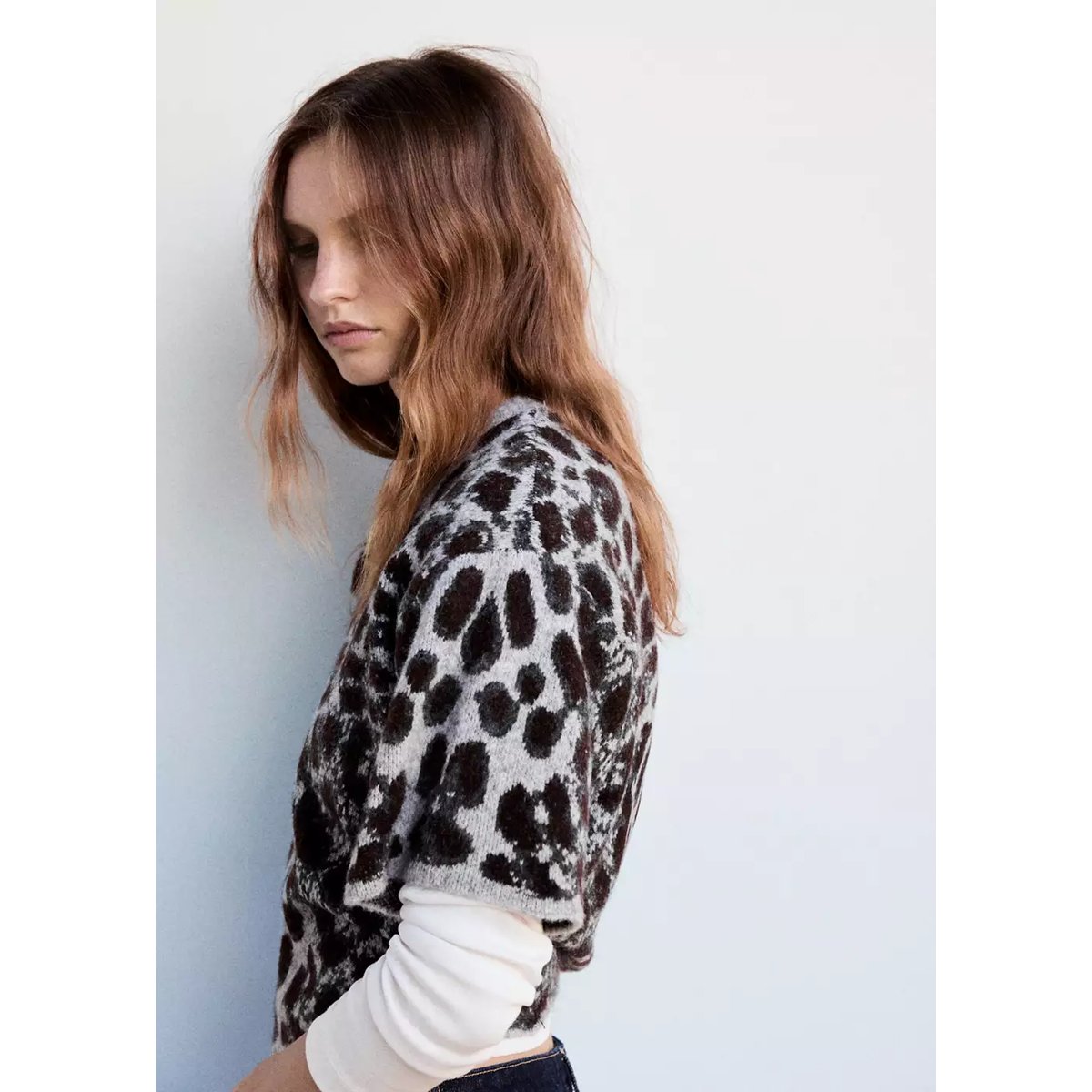 Pull-over manches courtes léopard gris chiné moyen, MANGO