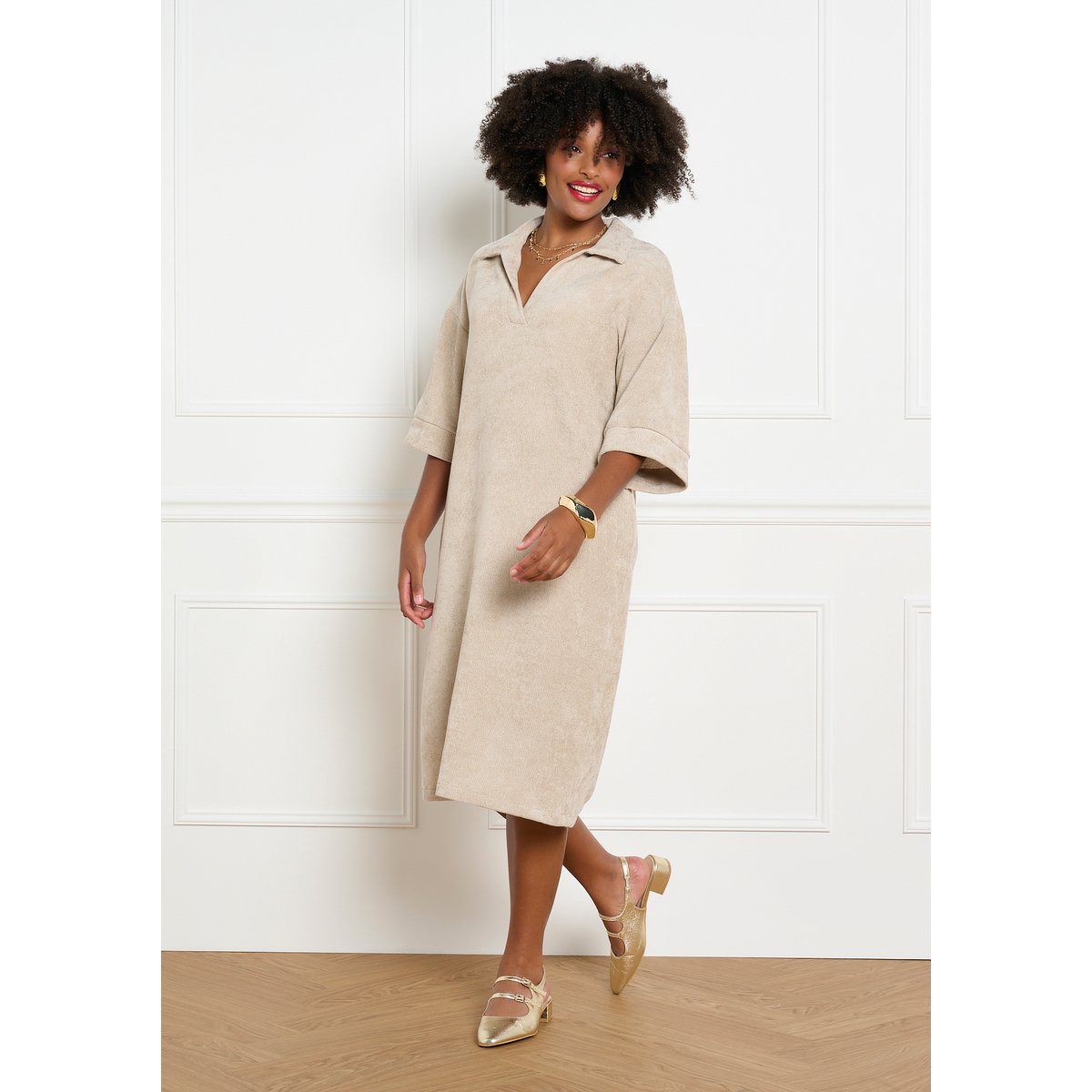 Robe polo en velours beige classic, LOLALIZA