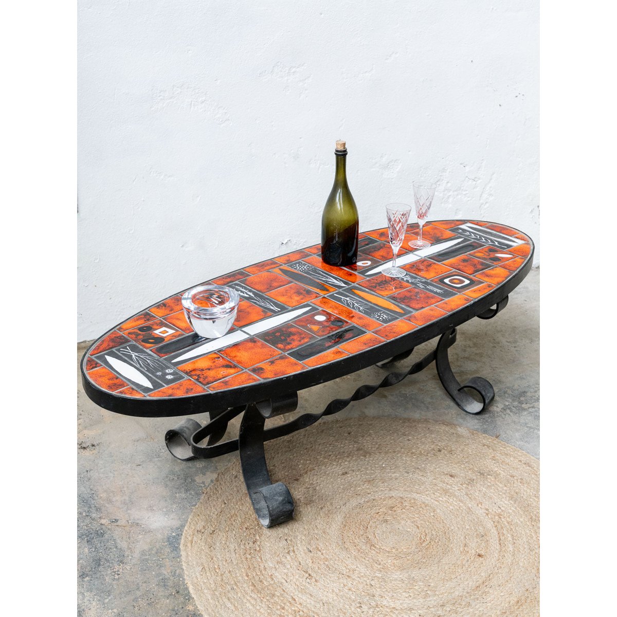 Table basse ovale en céramique orange et noir Donna N°1602 - Bon état orange, DEBONGOUT