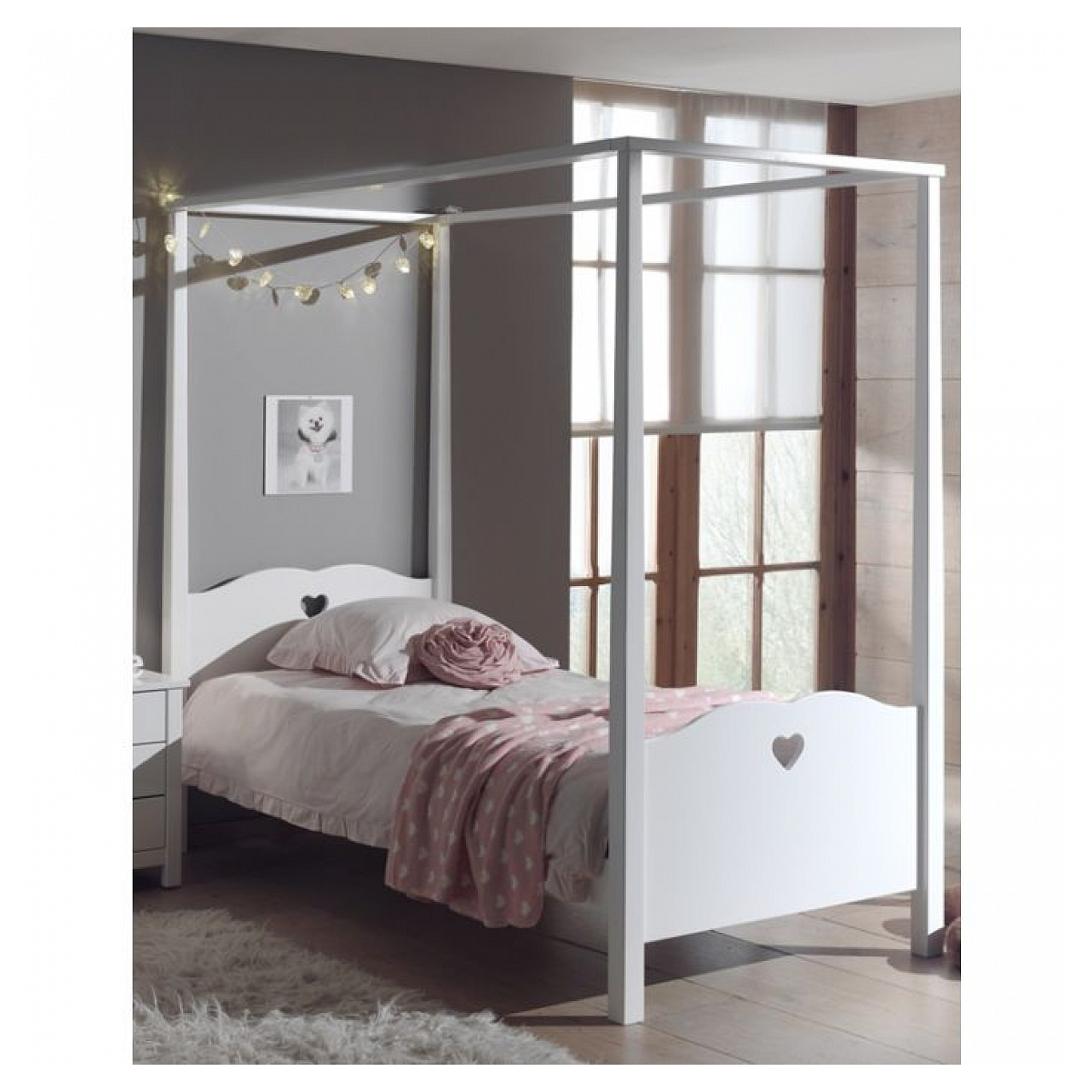 AMORI Lit simple à baldaquin laque + sommier couleur unique, VIPACK