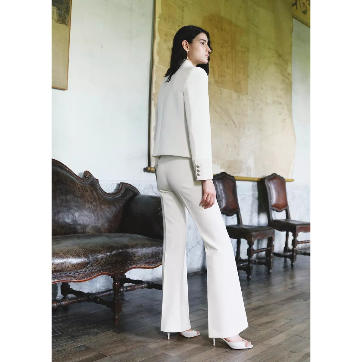 Pantalon flare coutures blanc cassé, MANGO