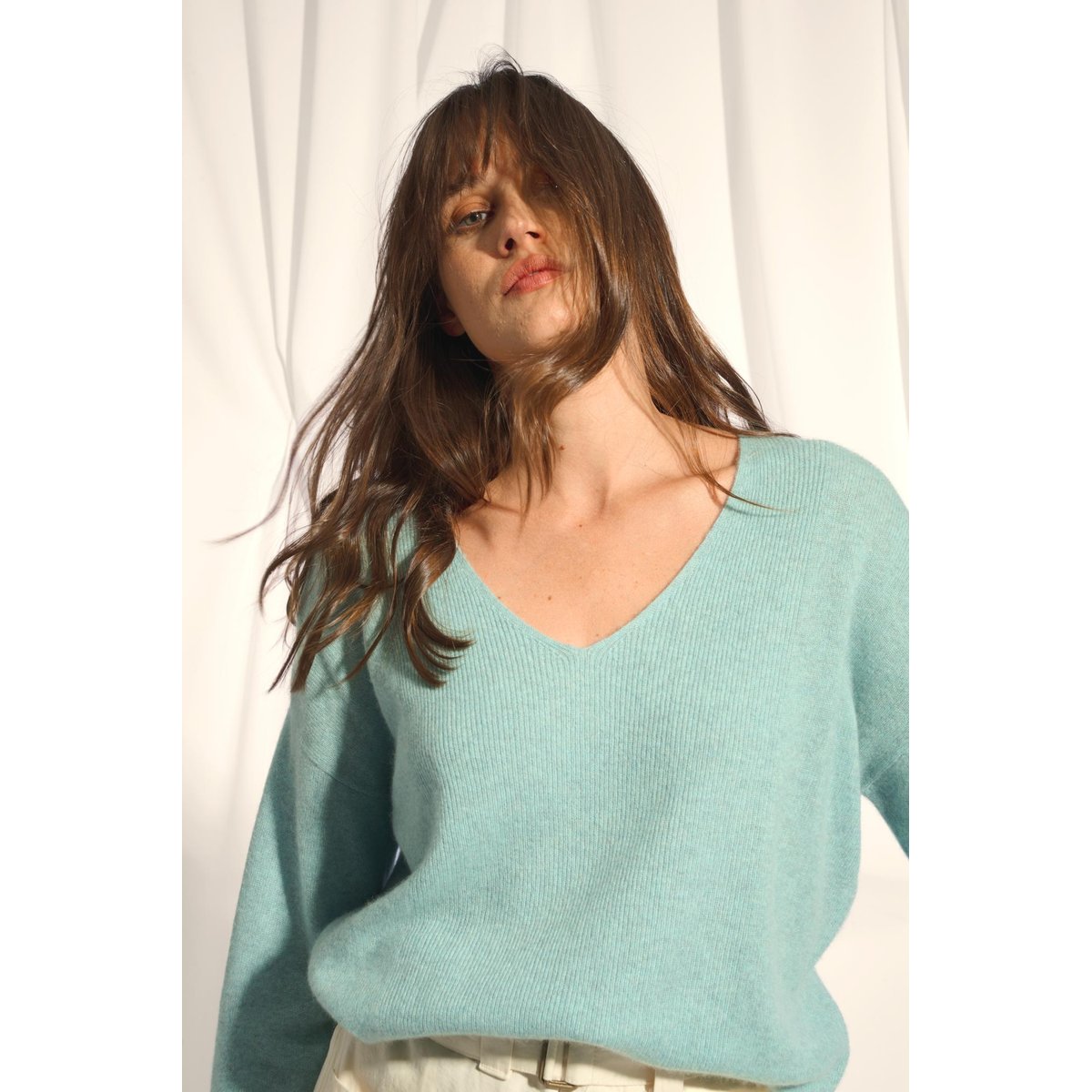 Pull Col V Aqua Chiné Birse bleu clair chiné, JUST CASHMERE