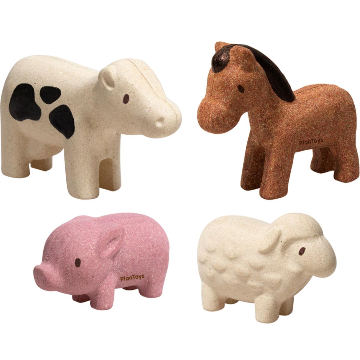 Lot de 4 figurines animaux de la ferme marron, blanc, rose, PLAN TOYS