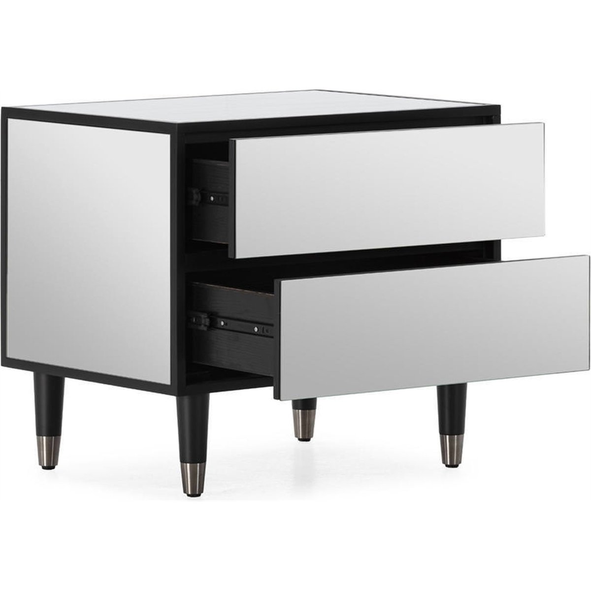 Table de chevet 2 tiroirs en miroir noir et miroir transparent, RECOLLECTION