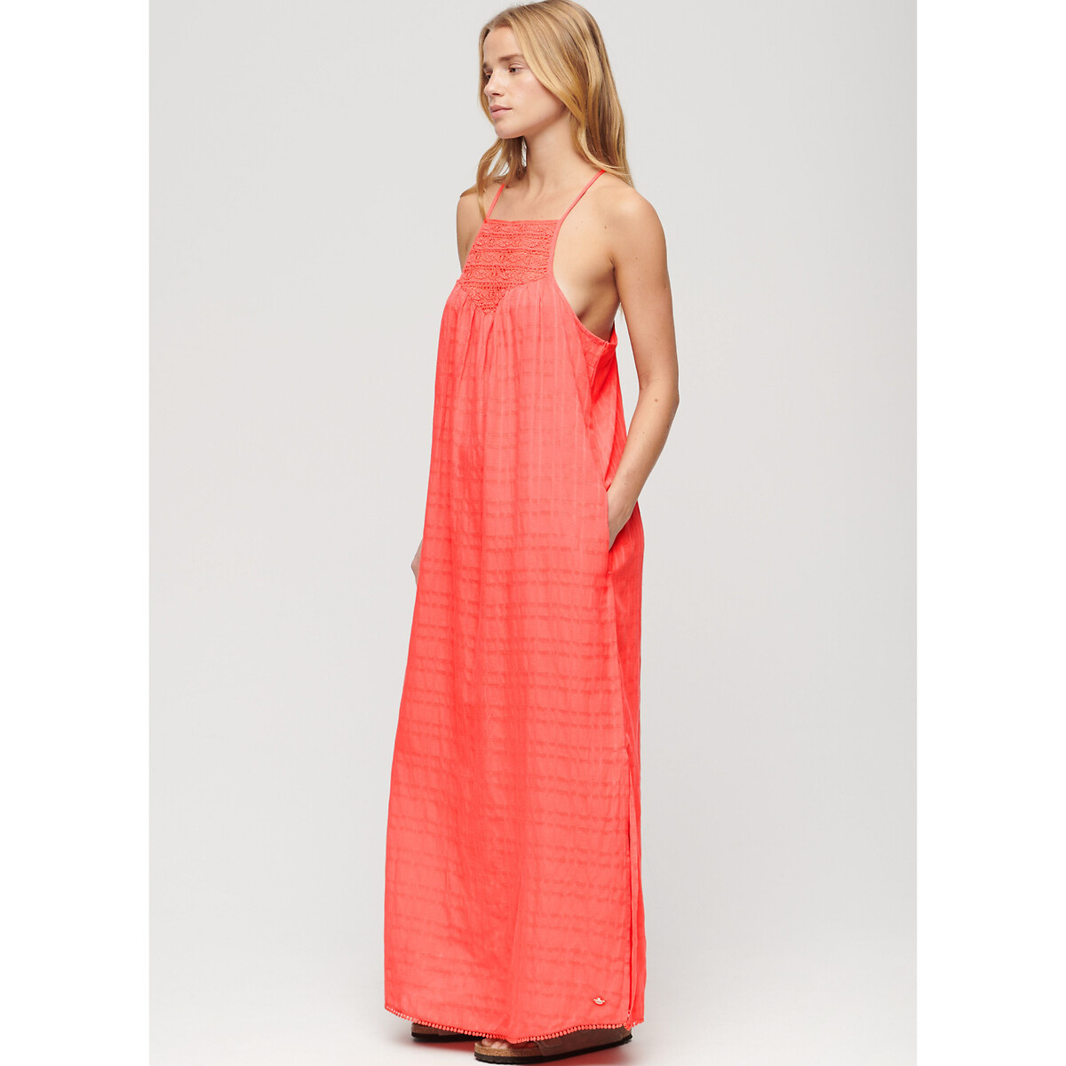Robe longue empiècement dentelle corail, SUPERDRY