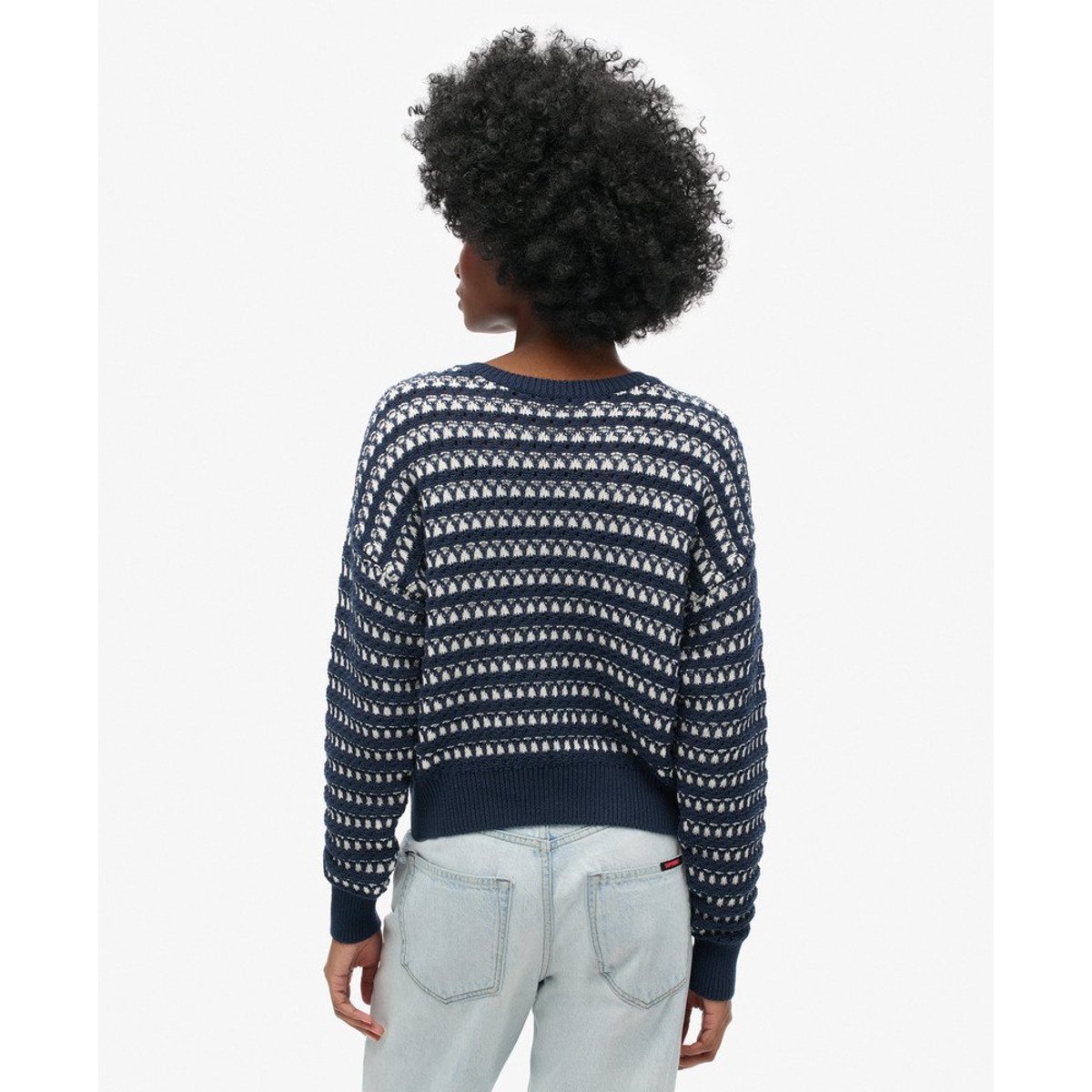 Pull ras du cou court rayé en crochet rayures bleu marine foncé, SUPERDRY