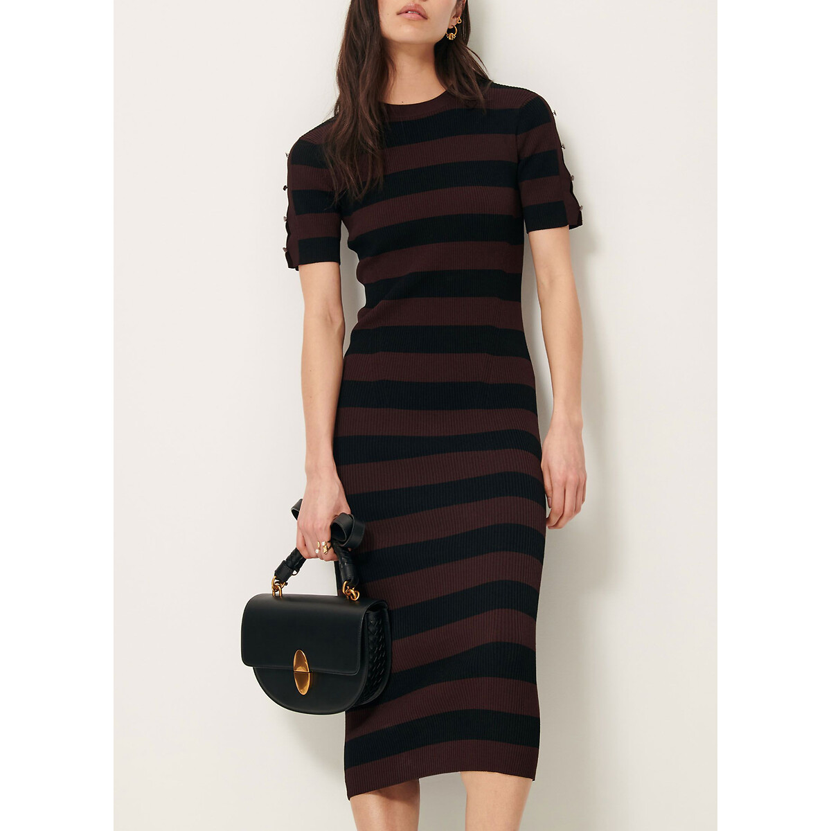 Robe mi-longue en maille rayée, MOORE noir/marron, SESSUN