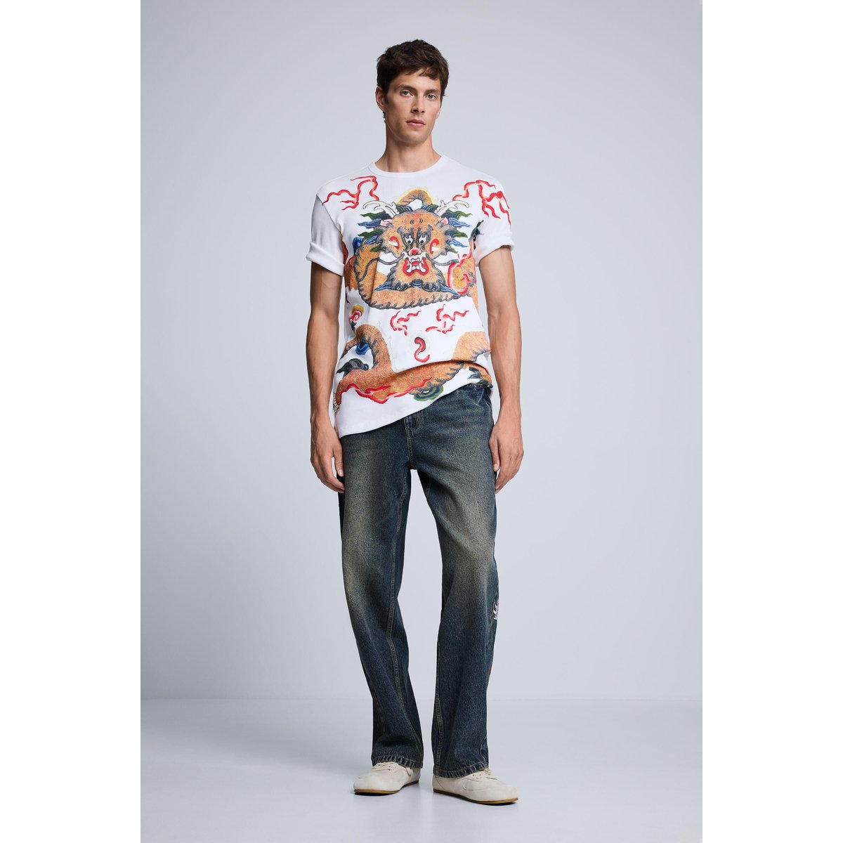 T-shirt à imprimé dragon blanc, DESIGUAL