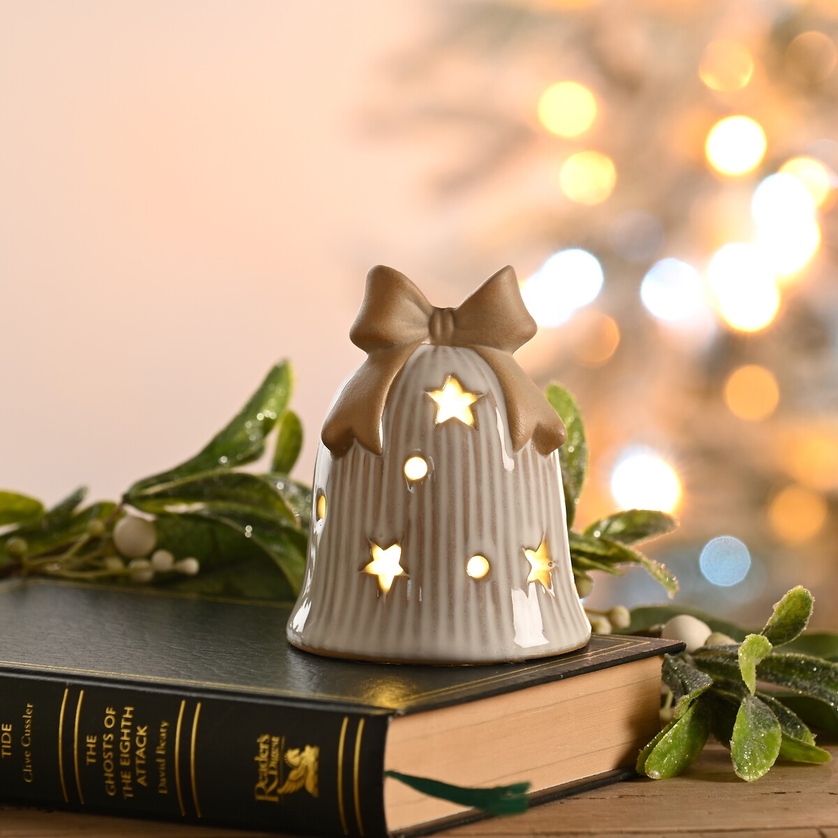 Set of 3 9cm Nordic Lights Light-up Porcelain Bells with Bow white, SO'HOME