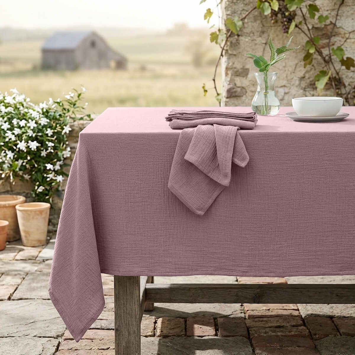Nappe + 10 serviettes gaze de coton ALMA Made in Europe bois de rose, FEBRONIE