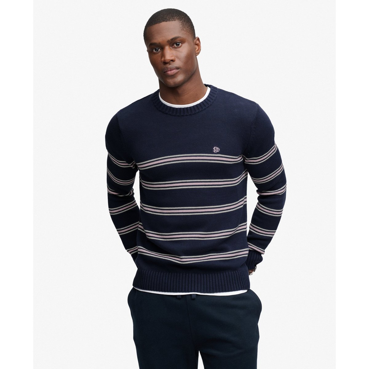 Pull Rayé en Coton Coupe Ajustée marine standard/rayure rose, SUPERDRY