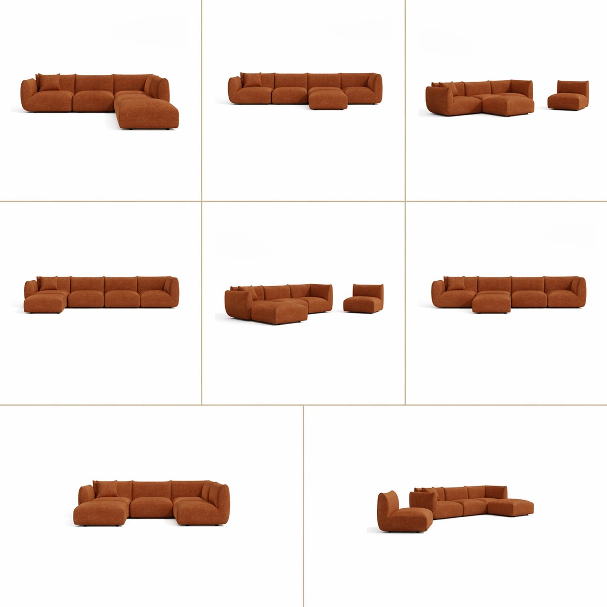 Canapé grand angle droit modulable 7 places en velours chenillé NOOMA terracotta, SIA HOME