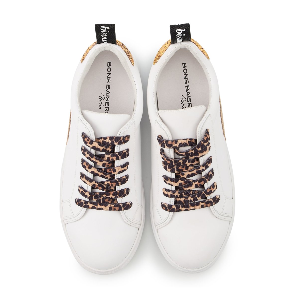 Baskets En Cuir Betty Bronze Glitter Leopard Lace blanc, BONS BAISERS