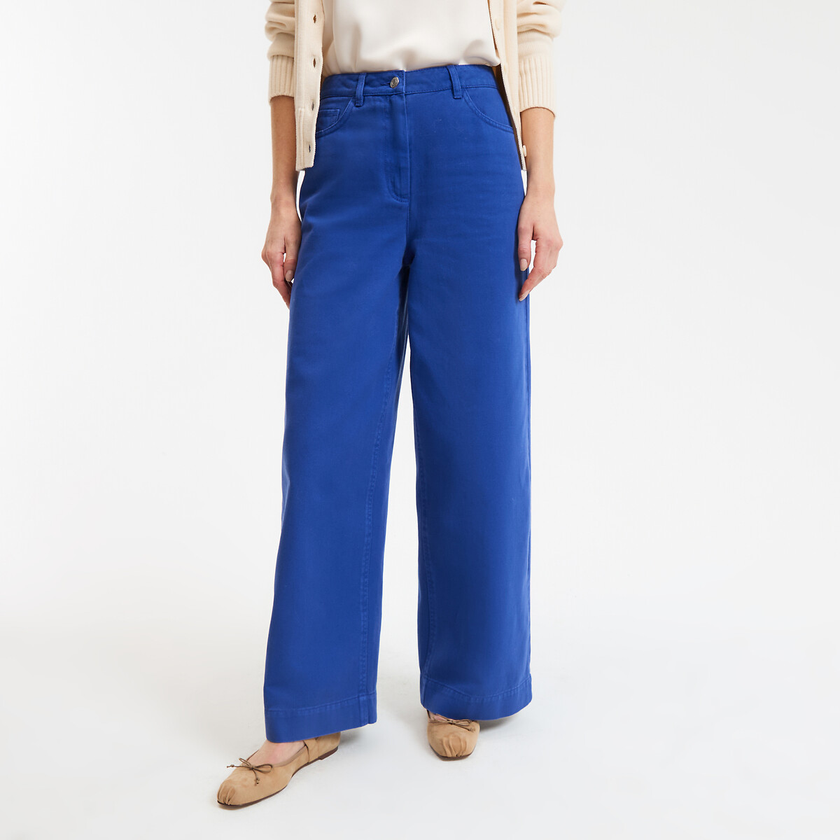 Pantalon large taille haute en twill de coton bleu électrique, LA REDOUTE COLLECTIONS