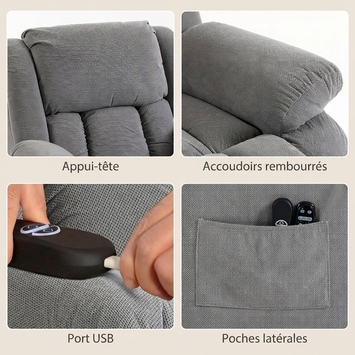 Fauteuil releveur multifonctionnel Velours gris clair, HOMCOM