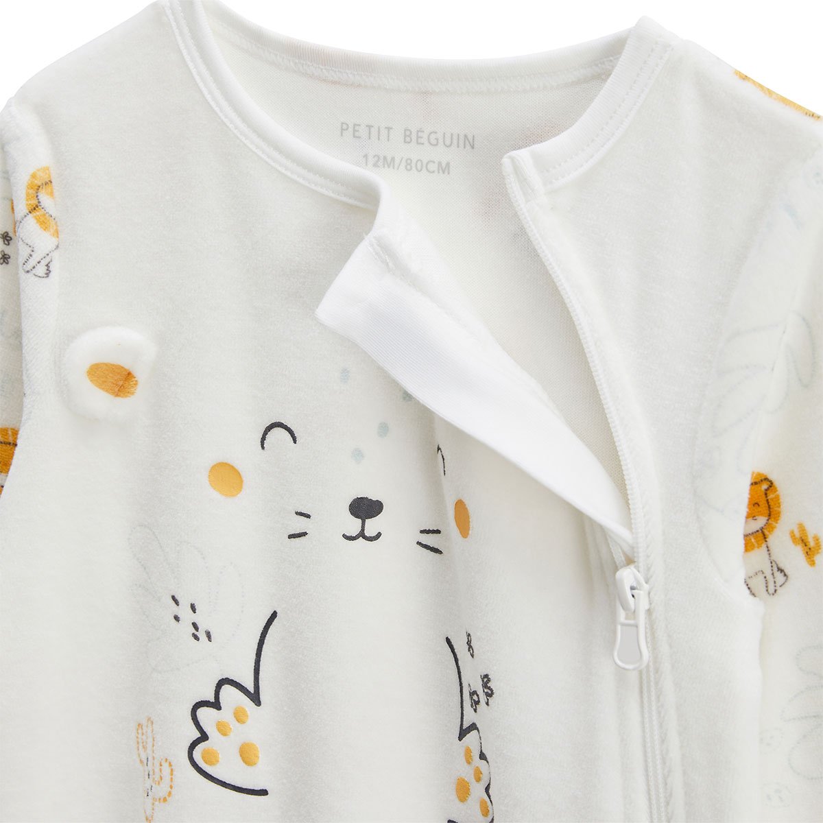 Pyjama bébé en velours ouverture zippée Elio ecru, PETIT BEGUIN