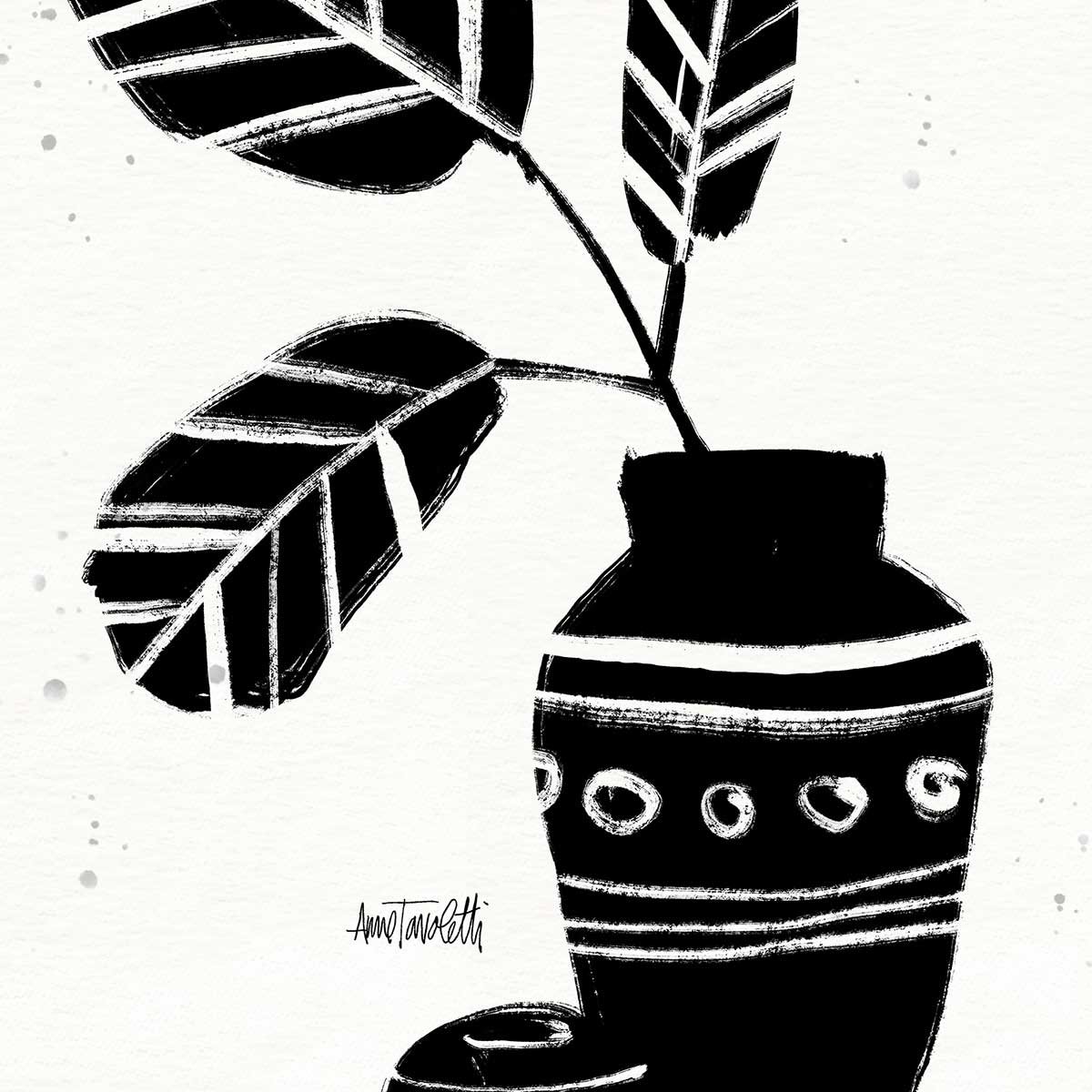 Illustration Botanique et Poterie azteque affiche + cadre en bois - noir, HEXOA