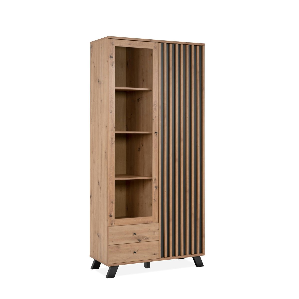 Bibliothèque vitrine 1 porte noire rainurée ALVA bois naturel, PIER IMPORT