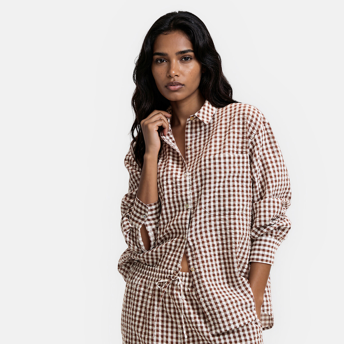 Pyjama seersucker, en vichy tissé-teint, Signature AIMEE chocolat, LA REDOUTE COLLECTIONS