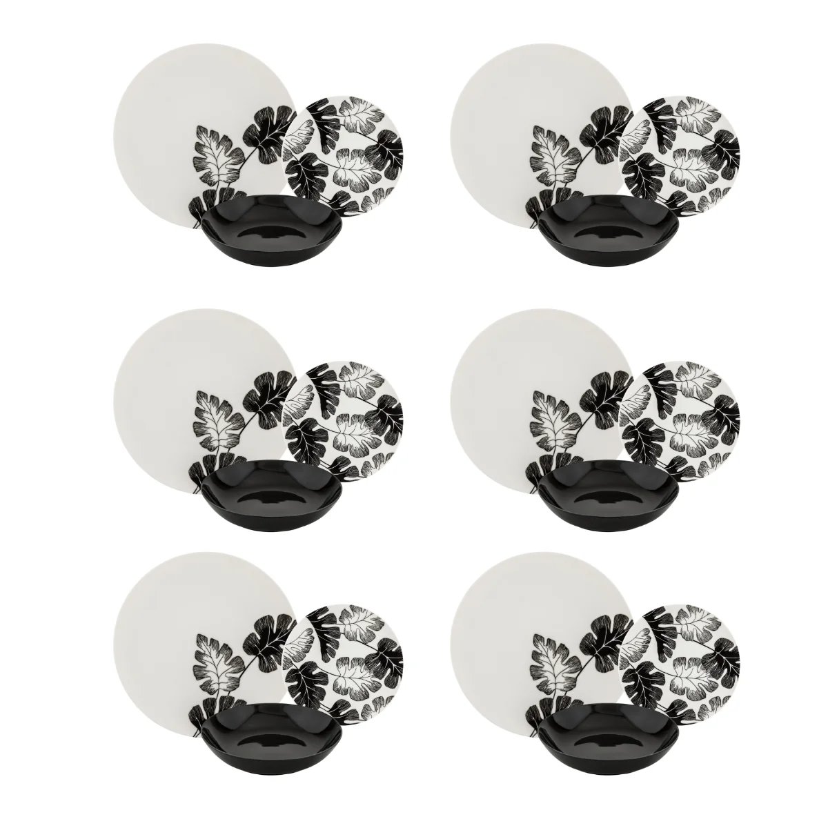 Service de table 18 pièces en porcelaine fine - Leaf noir/blanc, LAGUIOLE CUISSON