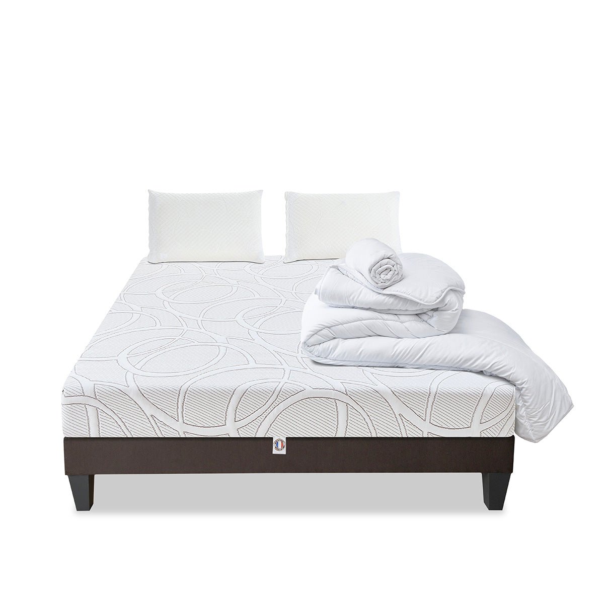 Prêt-à-dormir POSÉIDON avec Sommier, Couette, Oreillers et Protège-matelas blanc, OLYMPE LITERIE