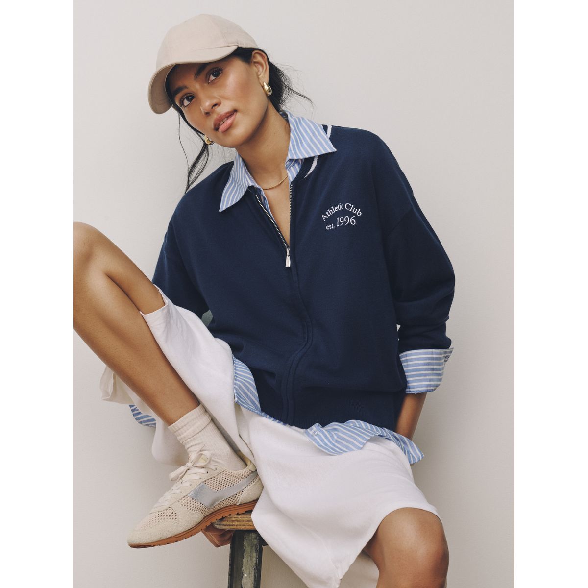Cardigan bomber zippé brodé en coton bleu marine, NEXT