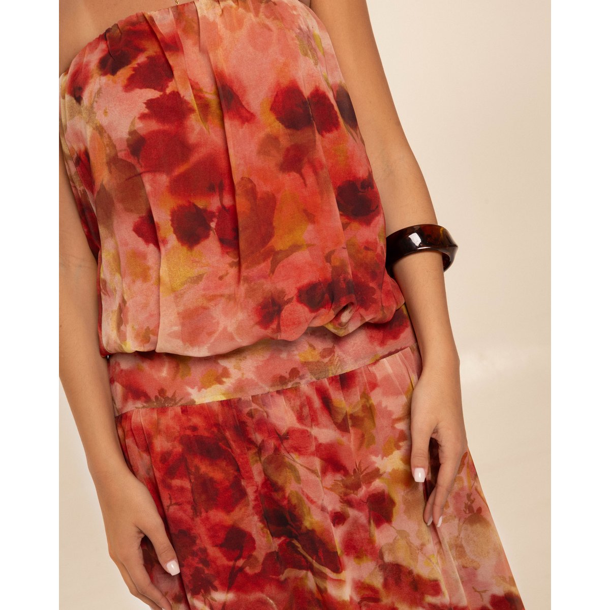 Robe maxi bustier à imprimé aquarelle et empiècement large multicolore, THE-ARE