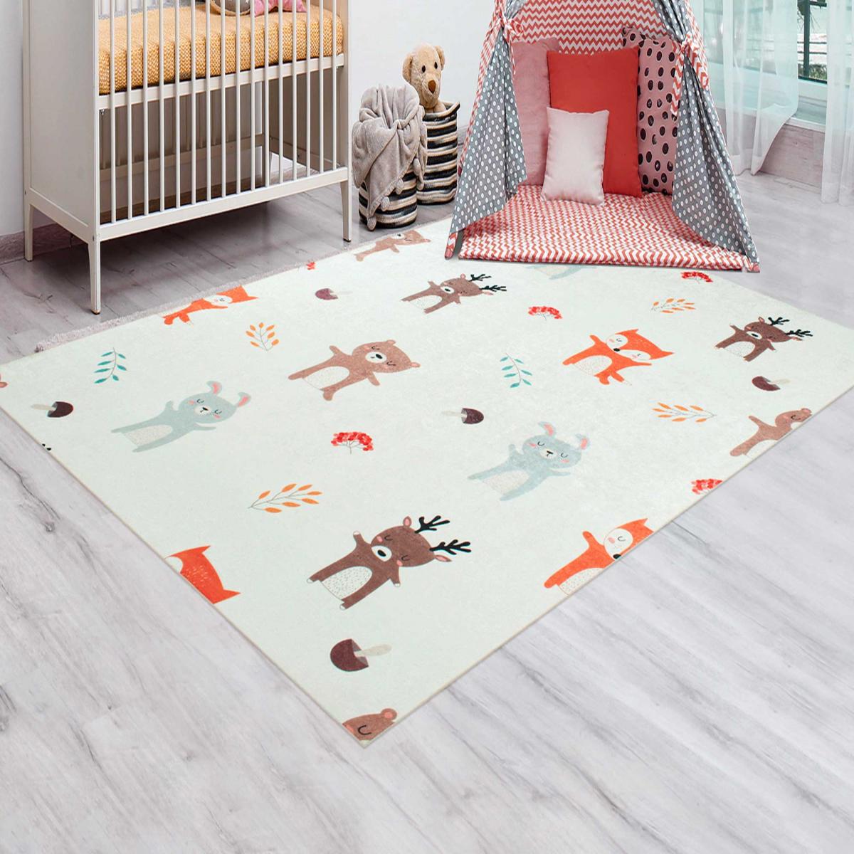 Tapis enfant tissé motif animaux FORET crème, UN AMOUR DE TAPIS