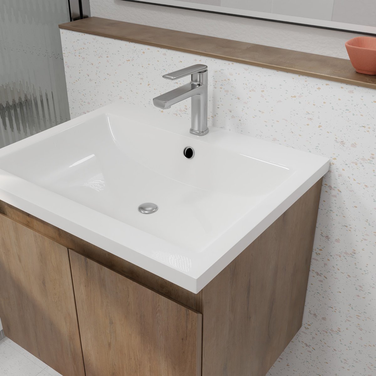 Meuble salle de bain à suspendre en bois avec vasque encastrée naturel, HOME MAISON