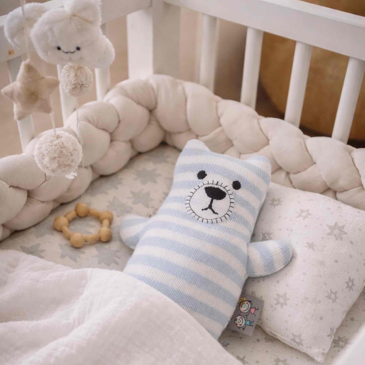 Peluche doudou ourson en coton bio TRICOT bleu, SEVIRA KIDS