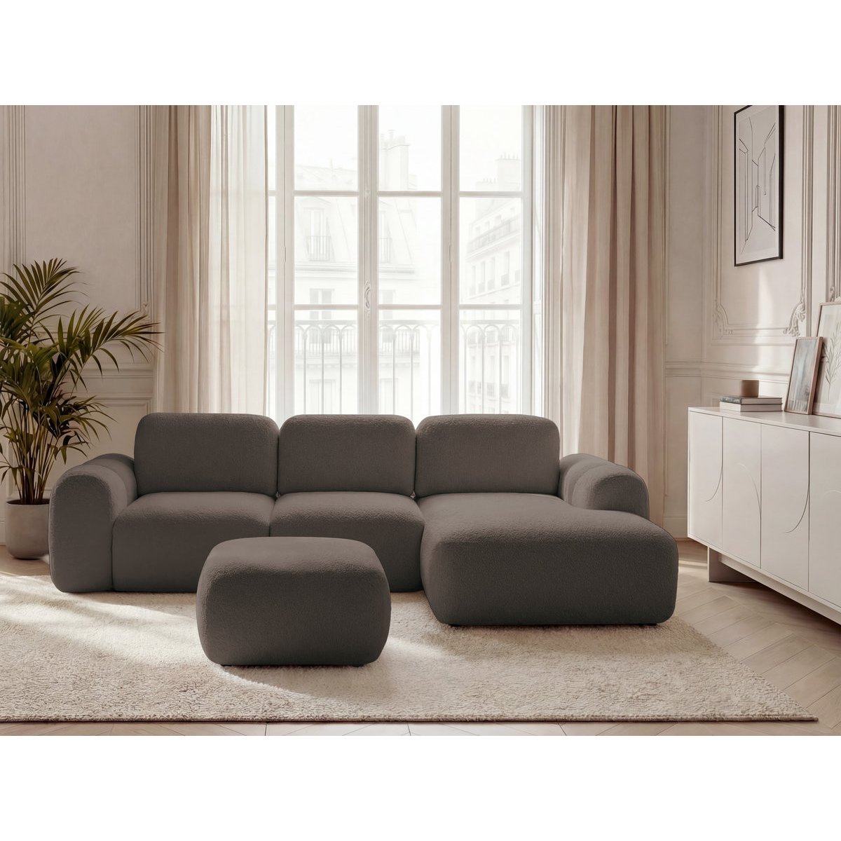 Canapé d'angle convertible 4 places en tissu bouclette avec pouf, MONTAIGNE marron, BOBOCHIC
