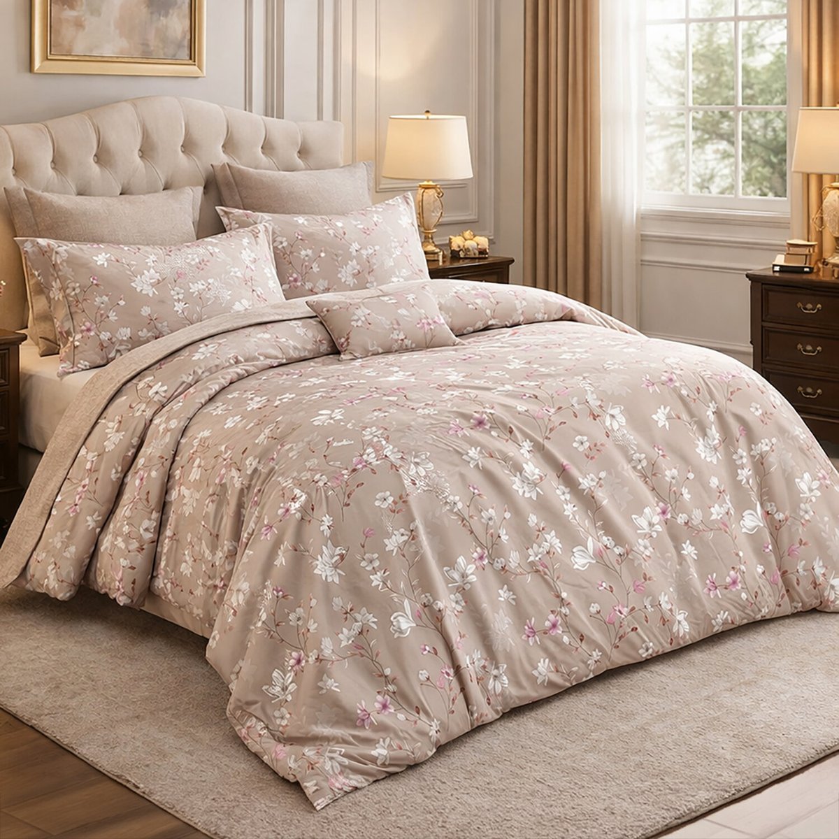 Parure de lit en percale de coton imprimé floral rose, Sakumi multicolore, C DESIGN HOME TEXTILE