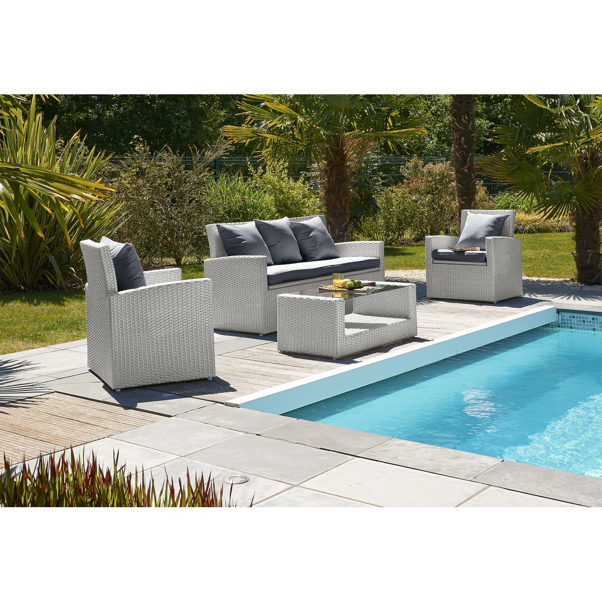 Salon de jardin 5 places en résine tresséee PVC-CONFORT gris clair, DCB GARDEN