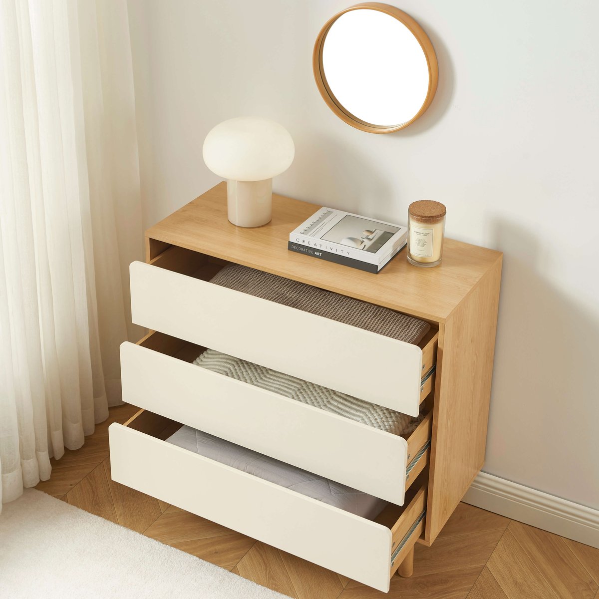 Commode 3 tiroirs THALIA beige et chêne, BAÏTA