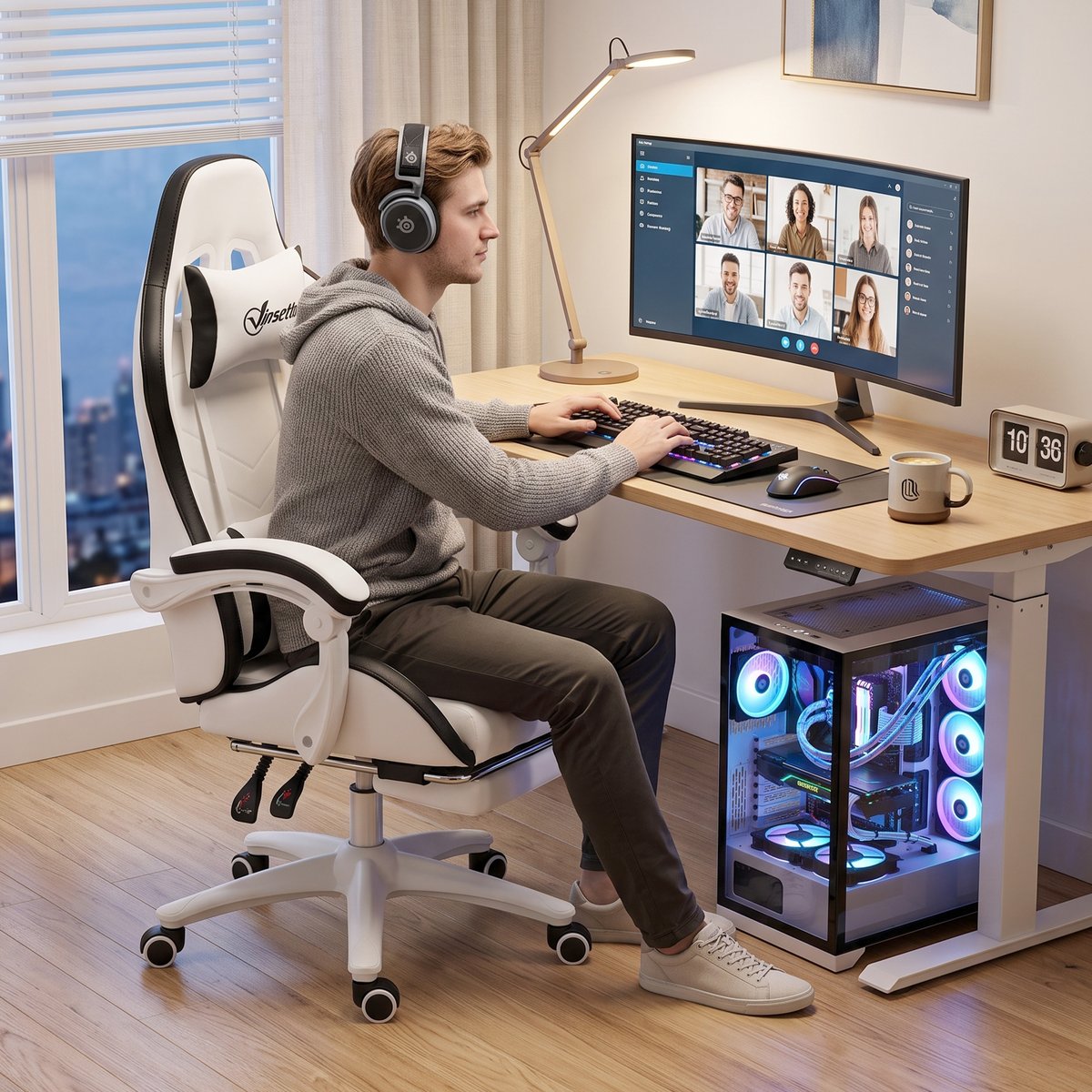 Fauteuil gaming Revêtement synthétique Noir noir et blanc, HOMCOM