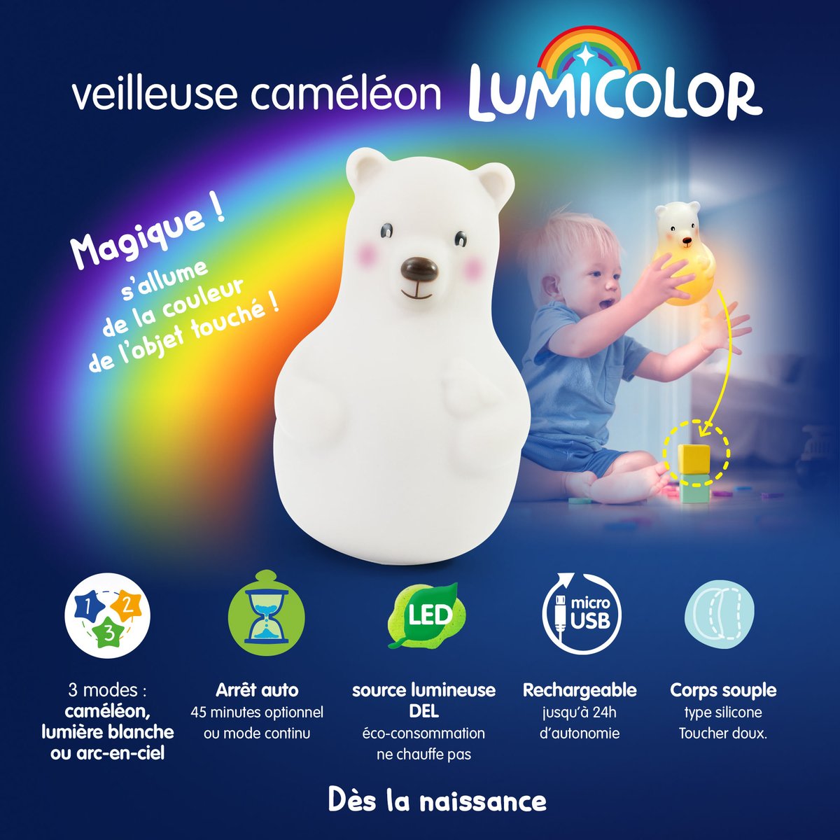 Veilleuse ours lumicolor blanc, PABOBO