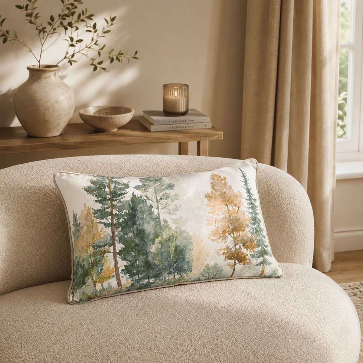 Coussin déhoussable motif aquarelle forêt - QABANE vert, HOME MAISON