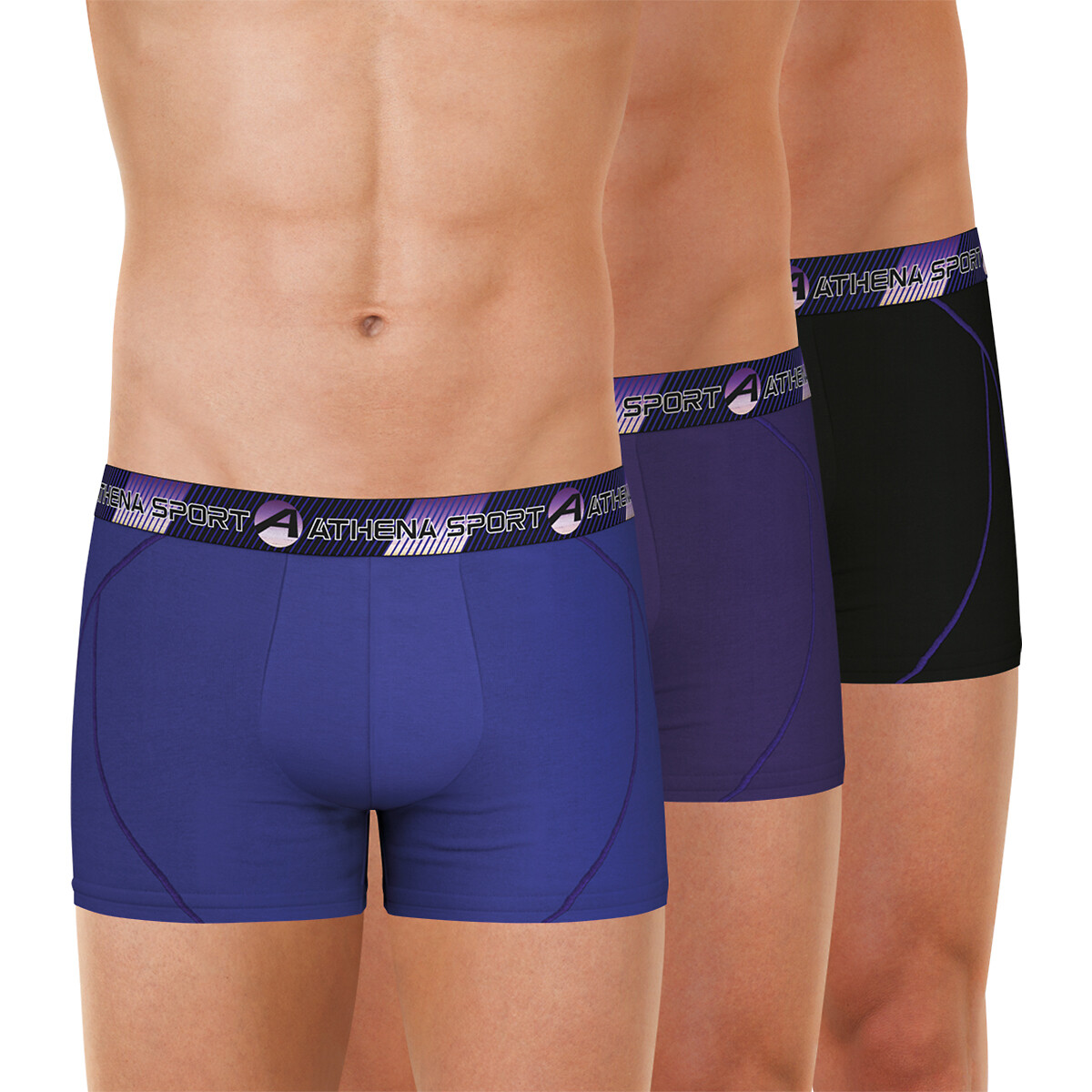 Lot de 3 boxers Training bleu + violet + noir, ATHENA