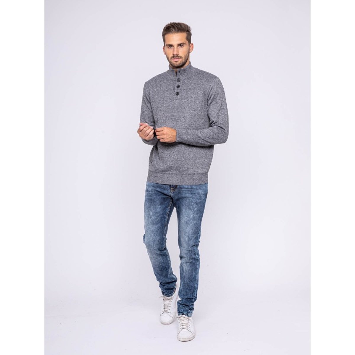 Pull Col Montant Boutons Lulite gris chiné, RITCHIE