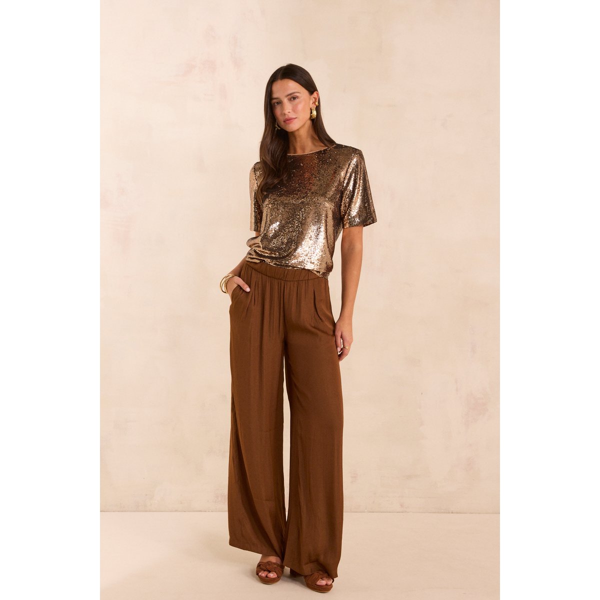 Pantalon large satiné TOBIAS caramel, Maison 123