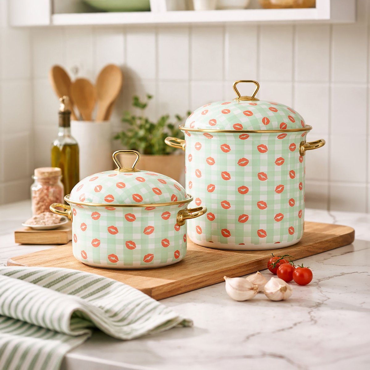 Marmite 24cm en acier émaillé, VICHY BISOUS vert, MENASTYL