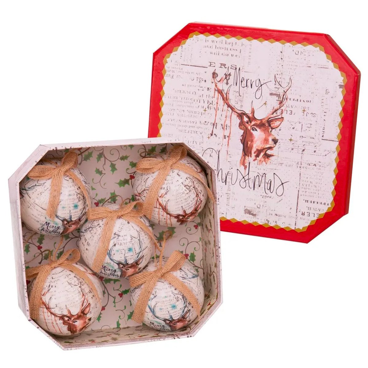 Coffret de 5 boules de Noël rétro cerf - 7.5cm rouge, WADIGA